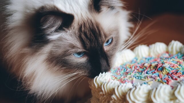 Curious Cat Sniffing Colorful Birthday Cake with Sprinkles and Cream