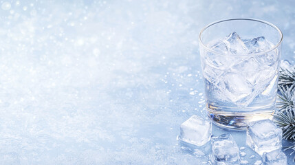 Obraz premium Clear glass filled with ice cubes sits on frosty surface, creating refreshing and minimalist winter scene