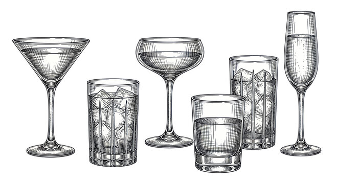 Hand-Drawn Cocktail Glasses Collection: Martini, Coupe, Rocks, Highball, Champagne