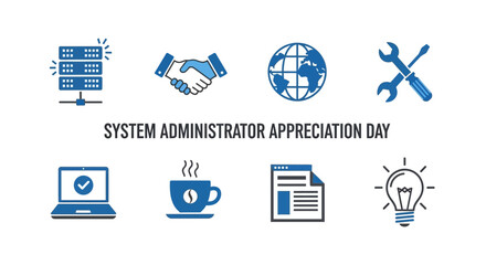 Blue and dark blue icons for System Administrator Appreciation Day arranged in two rows above text © Agung