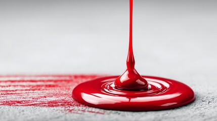 Red paint dripping from a paintbrush onto a smooth gray surface, creating a vibrant puddle with a streak of paint across the background