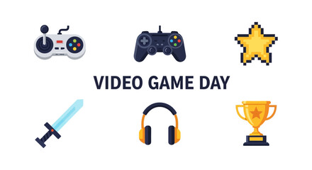 Graphic celebrating Video Game Day featuring controllers star sword headphones and trophy © Agung