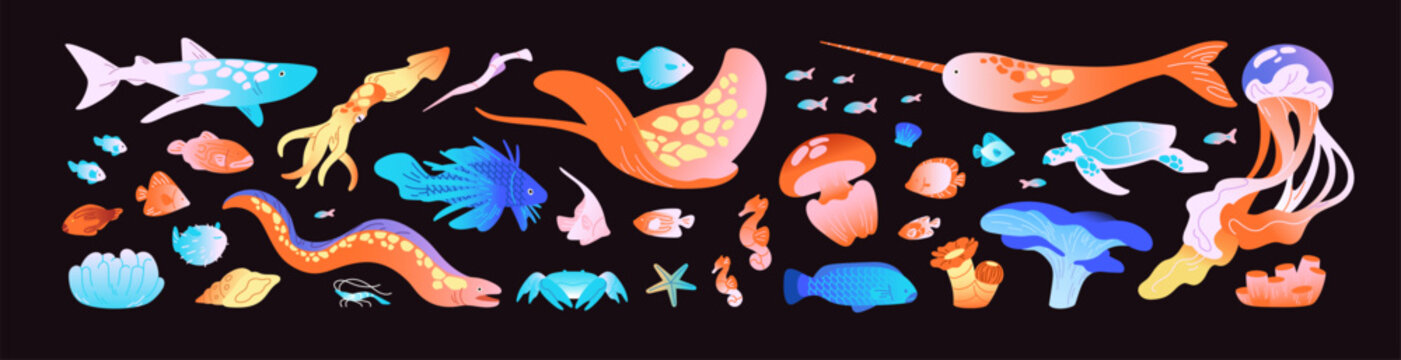 Set of sea life in gradient style. Colourful animals of the ocean: fish, shark, turtle, ray, jellyfish. Abstract undersea nature. Underwater algae. Coral reef. Flat isolated vector illustrations