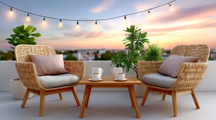 Fototapeta premium Cozy outdoor seating area with two wicker chairs and a wooden table, adorned with plants and illuminated by string lights at sunset on a balcony