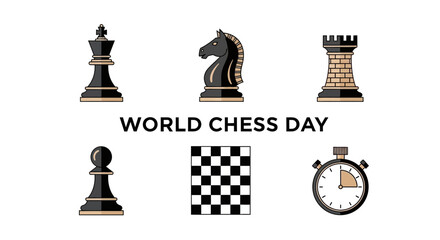 World Chess Day graphic with black and tan chess pieces board and clock © Agung