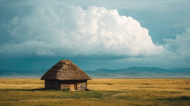 Tranquil rural landscape featuring a traditional thatched-roof hut surrounded by vast grasslands under a dramatic cloud-filled sky in a serene environment