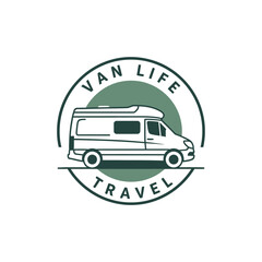 Fototapeta premium Van Life Travel Logo with Camper Van Illustration.