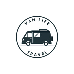 Van Life Travel Emblem Featuring a Camper Van Illustration.