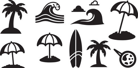 Obraz premium Black Silhouettes of Beach Icons and Summer Symbols