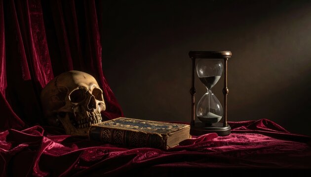 Memento mori still life featuring a skull, aged book, and hourglass on velvet cloth, invoking contemplation of time and mortality