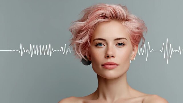 Female model with short pink hair poses against a gray background, showcasing a continuous heartbeat line graphic flowing across her face in three distinct frames