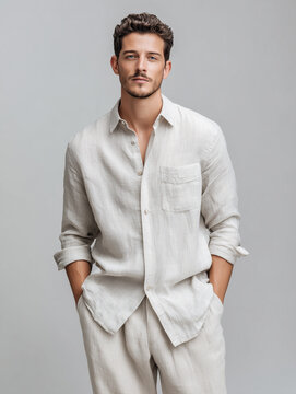 Handsome young man with blue eyes wearing a light linen shirt and pants, standing casually with hands in pockets against a neutral studio background.