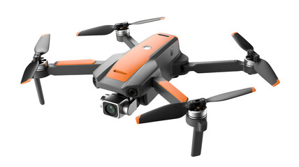 Orange and gray drone with four black propellers and camera flying in air isolated on transparent white background png