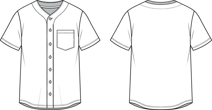 Blank baseball jersey technical flat sketch vector illustration with front and back view, button down sports shirt mockup for design.