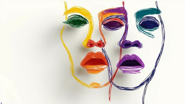 Colorful line art illustration of two abstract faces with distinct features and expressions, showcasing a gradual transition of colors and shapes across the frames