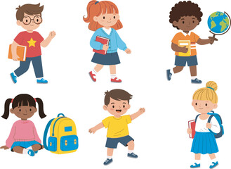 Happy diverse group of elementary school children students with books globe and backpack cad drawing flat vector illustration character collection.