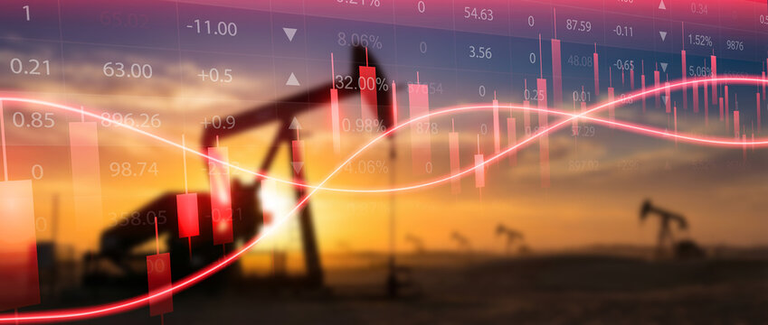 Energy Crisis: A somber depiction of oil wells silhouetted against a setting sun, overlaid with a stark graph, representing the volatility within the energy market.