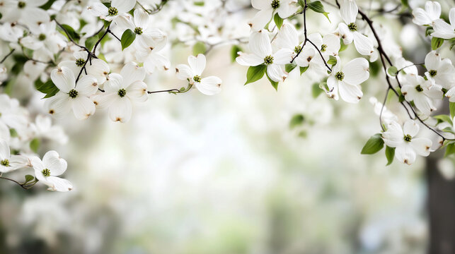 Flowering dogwood branches form a natural canopy frame with white petals and centered copy space in spring