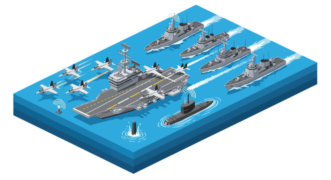 Military ships and aircraft on water.