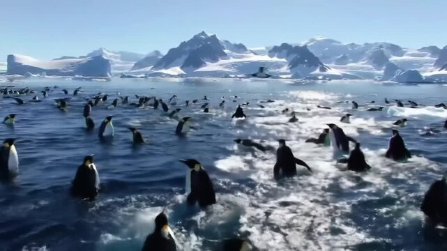 Penguins in icy cold Antarctic water.