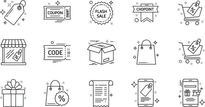 Ecommerce shopping and discount line icons set with coupon flash sale promo code gift box shopping cart and mobile shopping vector illustration