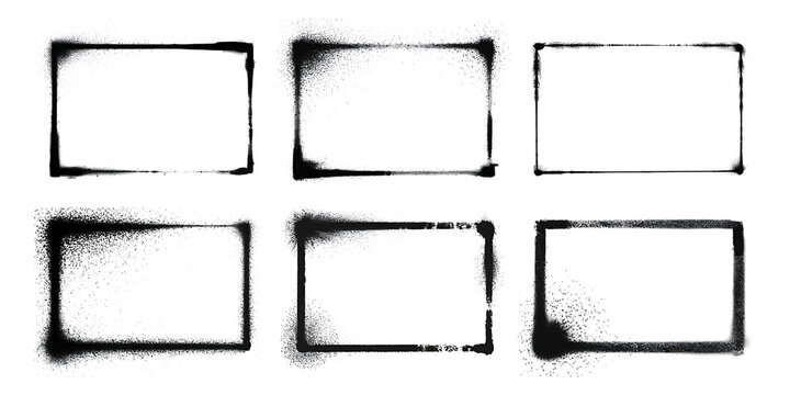 Six rectangular frames with black borders and white centers arranged in a two by three grid pattern with a grunge texture effect on the borders