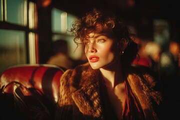 Retro Fashion Editorial with Woman in Train Carriage. Classic travel romance, vintage fashion, and old Hollywood glamour. © Helios4Eos
