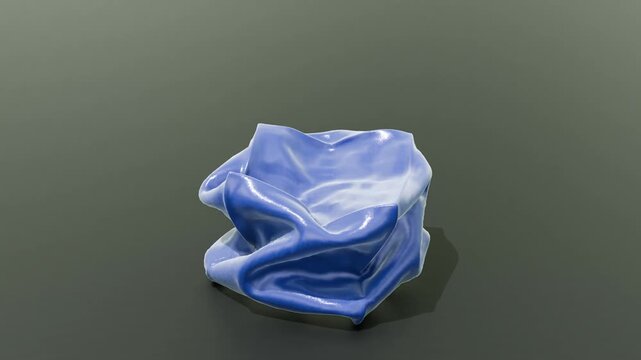Transparent blue glass jelly cube transition transforms into a crumpled shape and then reverts back to a square form, showcasing fluid motion and material properties on a reflective surface