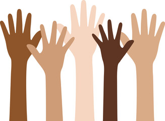 Obraz premium Flat design illustration of people with different skin colors raising their hands. Unity concept.