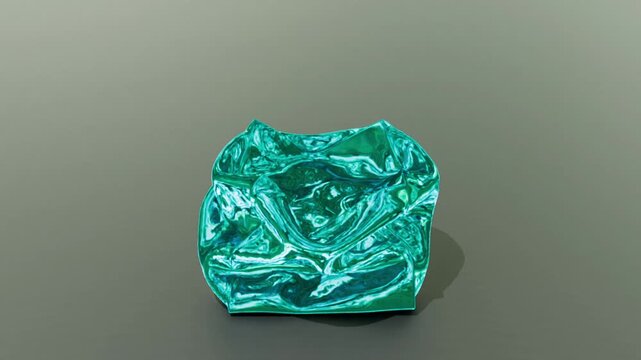 Transparent teal glass jelly cube transition transforms into a crumpled shape and then reverts back to a square form, showcasing fluid motion and material properties on a reflective surface