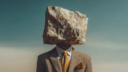 Homme à tête de pierre portant un costume avec cravate