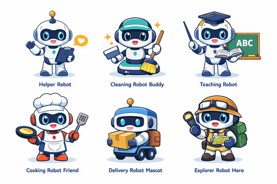 Cheerful cartoon robot collection: helper, cleaning, teaching, cooking, delivery, and explorer bots