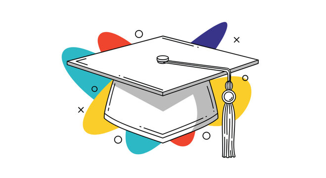 Graduation cap mortarboard illustration with tassel and colorful abstract shapes in a creative flat design for academic success.
