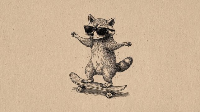 Skating raccoon balances board