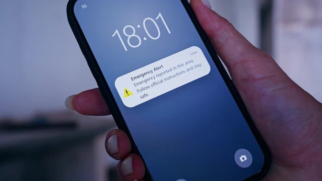 Woman Holding Smartphone With Emergency Alert Notification on Screen Inside Ruined Building Interior. Dramatic Warning Message About Dangerous Situation And Public Safety