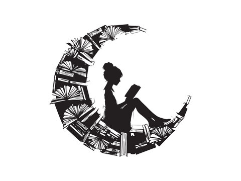 A woman sits on a crescent moon made of books reading a book.