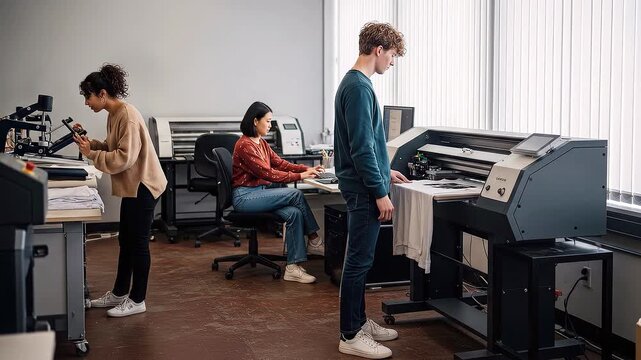 Creative team working in modern printing studio with large format printer and digital devices