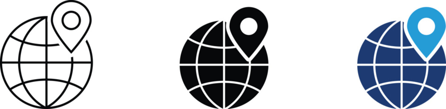 Global location icon showing world map and navigation pin. Professional illustration for international shipping, worldwide logistics, global travel tracking, and web mapping services.