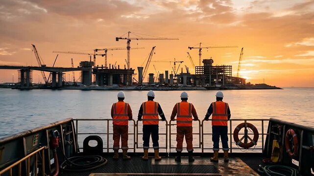 Four construction workers wearing orange vests and white helmets stand on a boat deck looking at a massive waterfront construction site with cranes