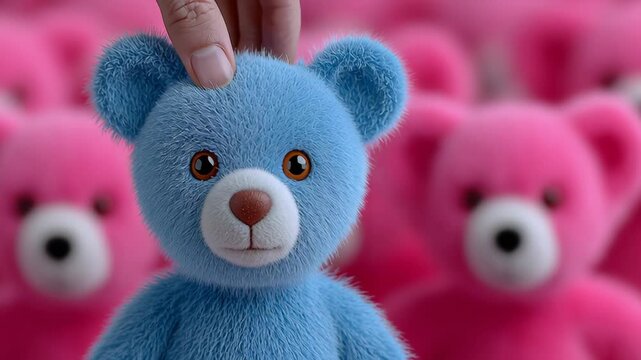 Blue teddy bear in focus with pink teddy bears blurred in the background, hand reaching to touch the bear's head in a colorful toy display setting