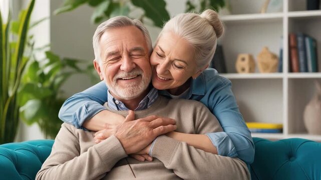 Elderly couple embracing affectionately on couch in cozy living room with plants and books