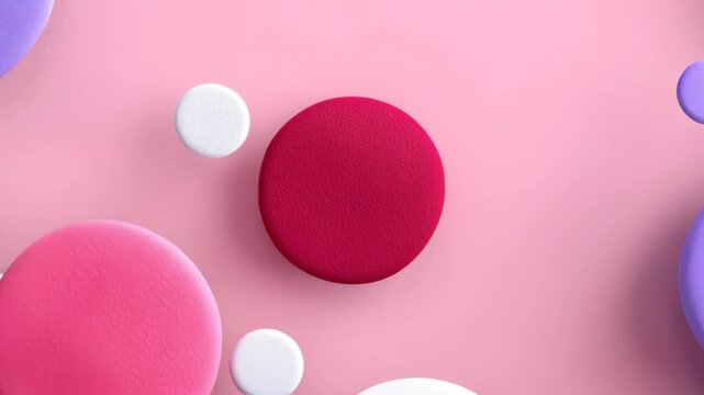 Colorful abstract shapes in various sizes and textures transition from a vibrant arrangement to a focused view of a single red circle on a soft pink background