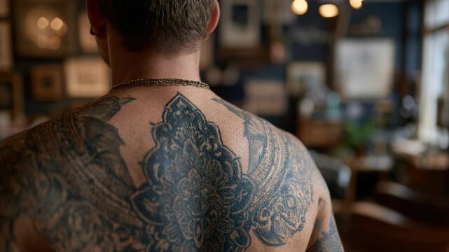 Detailed back tattoo design featuring intricate floral and geometric patterns, showcasing body art and personal expression, close-up view.
