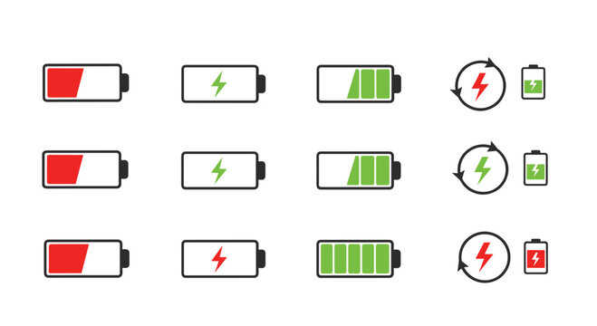 Set of battery level icons showing different charge states from empty to full with charging and recycle symbols.