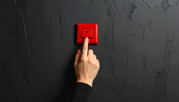 A hand pressing a red button on a dark wall