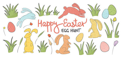 Cartoon Happy Easter, Eggs Hunt greeting card Hand drawn set with bunny, eggs, flowers, grass. Naive sketch style spring illustrations for Easter greetings, nursery decor. © EvgeniiasArt