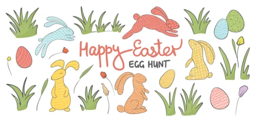 Cartoon Happy Easter, Eggs Hunt greeting card Hand drawn set with bunny, eggs, flowers, grass. Naive sketch style spring illustrations for Easter greetings, nursery decor. © EvgeniiasArt