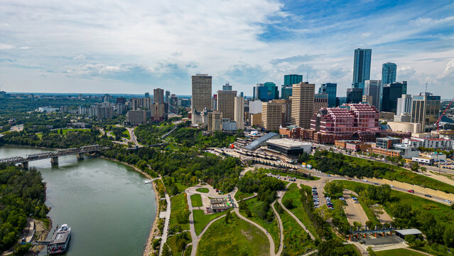 Aerial view of Edmonton skyline and North Saskatchewan River in summer