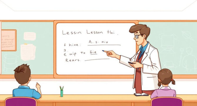 A cartoon vector illustration of a woman teacher and students in a school classroom with a blackboard and desks for education