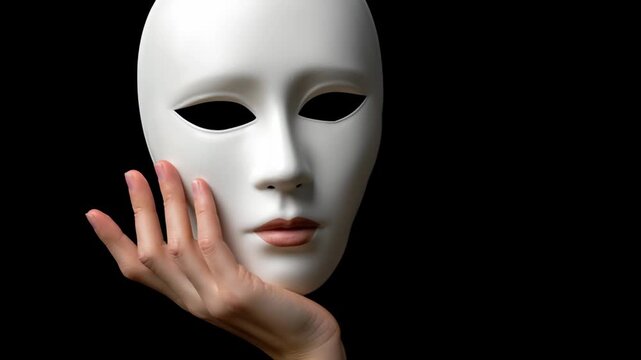White theatrical mask held delicately by a hand, showcasing a gradual shift in angle and perspective against a dark background